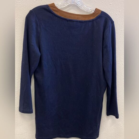 Lauren Ralph Lauren Navy and Brown Suede V-Neck Long Sleeve Top Medium - Picture 2 of 2
